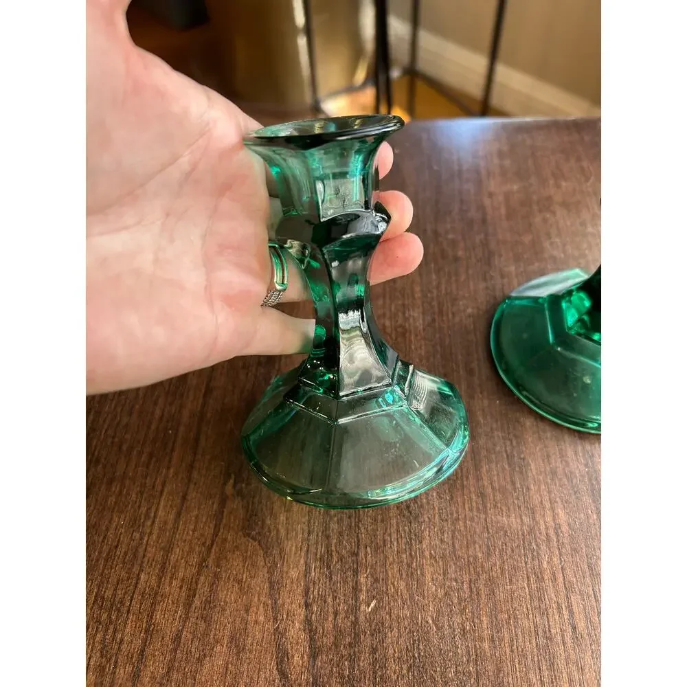 4 Vintage Emerald Green Indiana Glass Candlestick Holders
